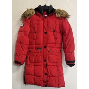 Canada Weather Gear Girls Sz L 14/16 Coat Faux Fur Hooded Parka Red *Flaws, Read